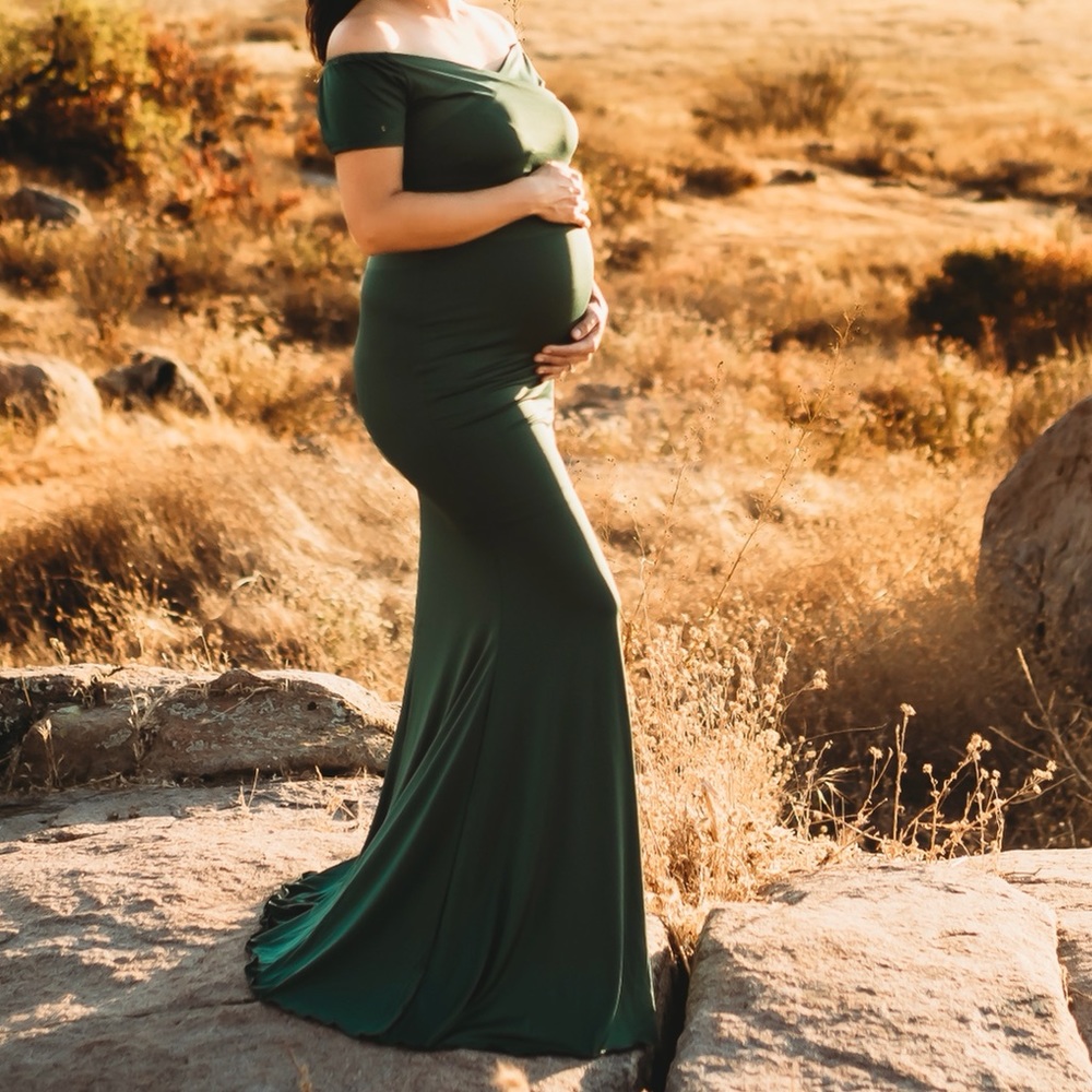 Jade colored, mermaid style maternity dress